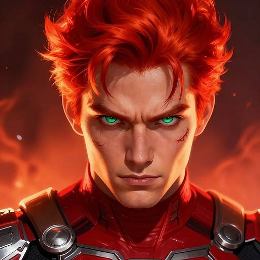 Digital artwork of a fierce, red-haired man with glowing green eyes, scarred face, and intense expression, wearing a red and black armor, set