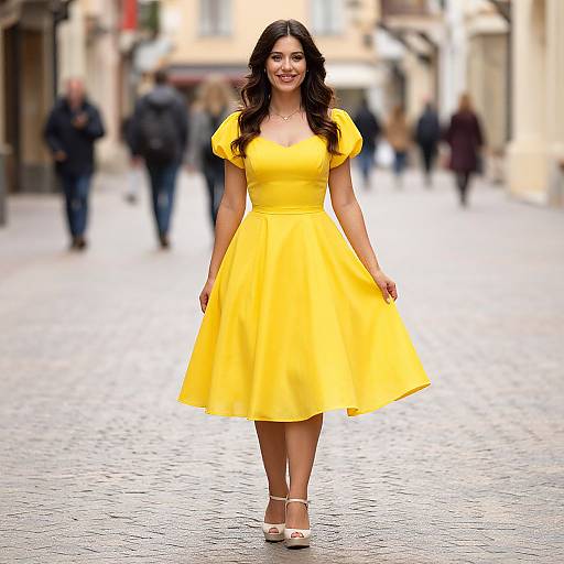 Photograph of a smiling woman with long dark hair, wearing a bright yellow, short-sleeved, knee-length dress, and white sandals, walking
