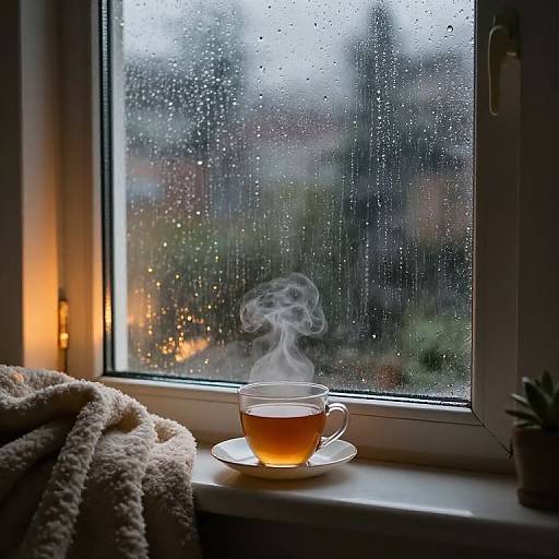 Photograph of a steaming teacup on a windowsill, raindrops on the window, soft beige blanket, and warm indoor light.