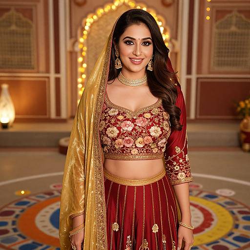 Indian woman in ornate red and gold traditional attire, floral embroidery, long dark hair, gold jewelry, standing in a warmly lit, decorative room.