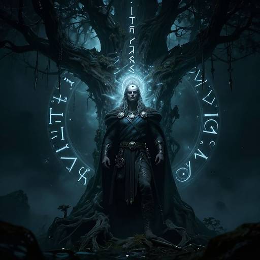 Digital fantasy artwork: Dark, imposing figure with glowing blue halo stands before ancient, twisted tree with mystical runes glowing around.