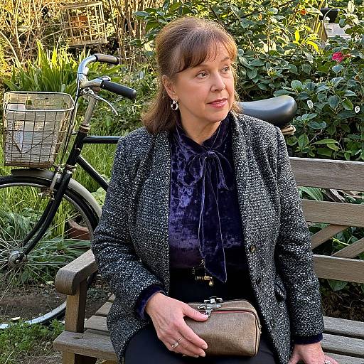 Photograph of a middle-aged woman with light brown hair, wearing a black speckled blazer, dark patterned blouse, and holding a brown