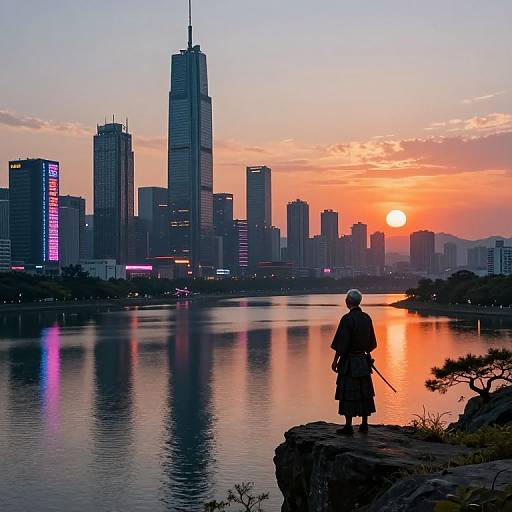 Silhouetted samurai stands on rocky shore, gazing at sunset over a reflective urban skyline with towering skyscrapers and vibrant city lights.