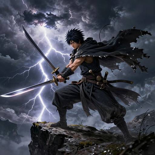 Dynamic anime-style drawing of a black-haired warrior, gripping a glowing sword, standing on a rocky cliff amid a thunderous, lightning-filled stormy sky