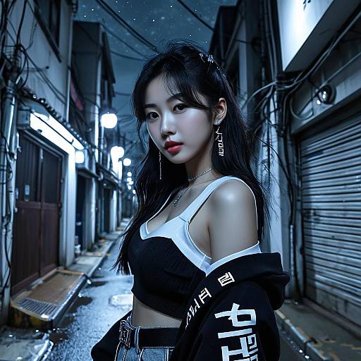 Cyberpunk-style photograph of an Asian woman with long black hair, wearing a white sports bra, black off-shoulder jacket, and earrings,