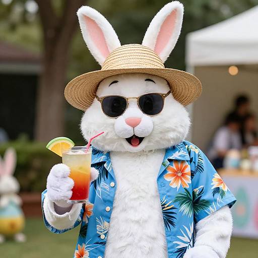 Photograph of a white-furred, anthropomorphic rabbit in a blue Hawaiian shirt, straw hat, sunglasses, and holding a tropical drink with an orange