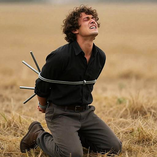 Dramatic Film Still of Bound Man