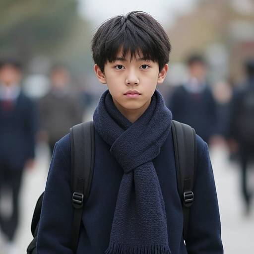 Photograph of an Asian teenage boy with black hair, wearing a dark blue scarf, black coat, and backpack, standing in a blurred, outdoor urban