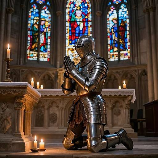 Photograph of a kneeling, metallic knight in armor, hands in prayer, in a dimly lit cathedral with vibrant stained glass windows and lit candles.