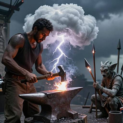Photograph of a muscular man in a dark tank top, hammering an anvil with a lightning bolt emerging from the sparks, next to a g