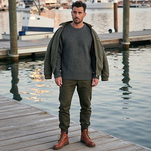 Photograph of a bearded man with short dark hair, wearing a gray knit sweater, green jacket, olive pants, and brown boots, standing on