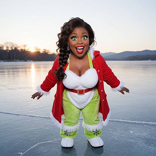 Photograph of a Black woman with dark curly hair, wide green eyes, and red lips, wearing a festive red coat, white bra, green pants