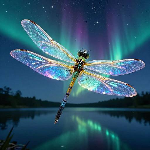 Photograph of a glowing, iridescent dragonfly with translucent wings against a backdrop of vibrant northern lights and a starry night sky over a reflective