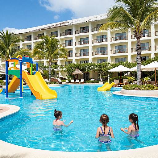 Photograph of three children with wet hair in a bright blue hotel pool, playing near colorful water slides, with a white building and palm trees in the