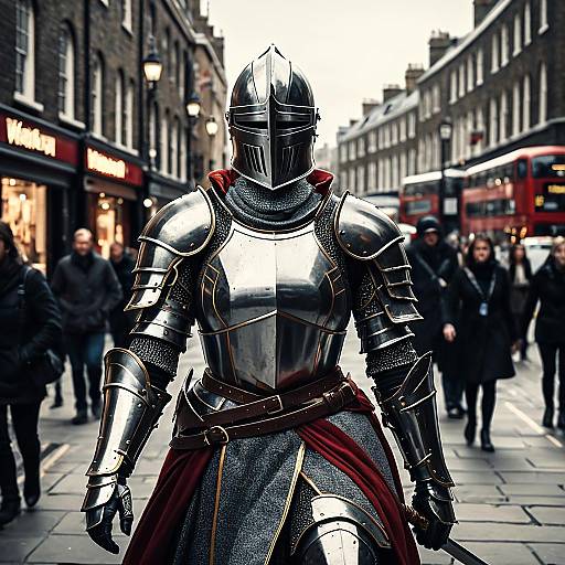 Female Knight in Full Armor on London Street