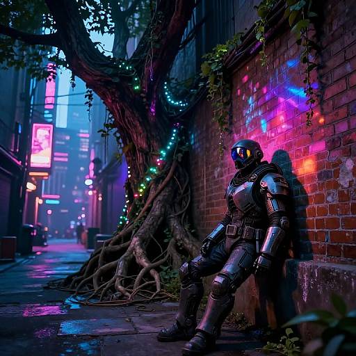 Cyberpunk armored figure in neon alley