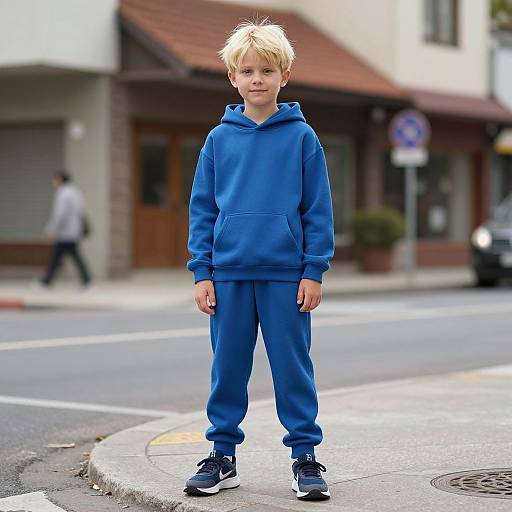Photograph of a young blond boy in a blue hoodie and matching sweatpants, standing on a street corner with blurred urban background.