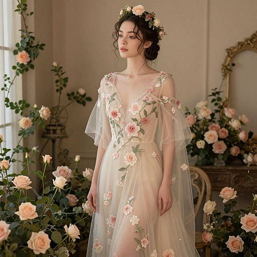 Photograph of a fair-skinned woman with dark hair in a floral crown, wearing a sheer, pink floral-embroidered gown, standing in