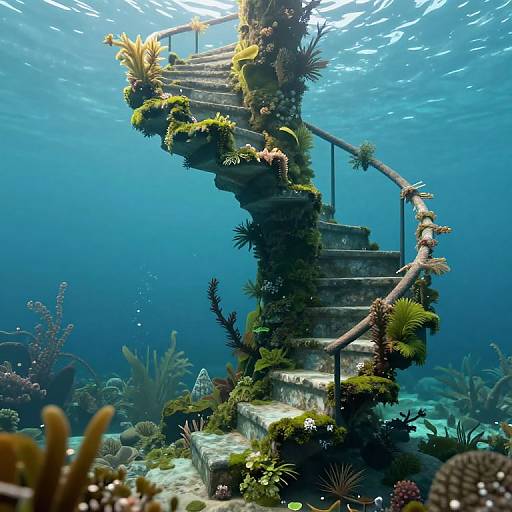 Photograph of an underwater scene featuring a moss-covered, spiral stone staircase surrounded by vibrant coral and sea plants, illuminated by sunlight filtering through the clear blue