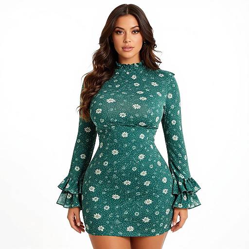 Photograph of a dark-haired woman with wavy hair, wearing a teal, long-sleeved, floral-patterned dress with flared cuffs,