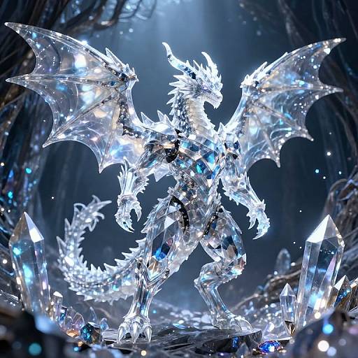 Photograph of a glowing, crystalline dragon sculpture with intricate wings and spikes, illuminated by bright blue and white lights, set against a dark, blurred