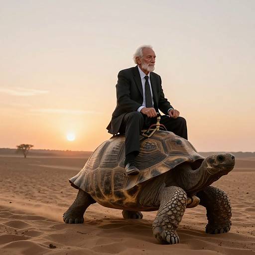 Photograph of an older white man with white hair and beard, wearing a black suit, riding a large tortoise in a desert at sunset.