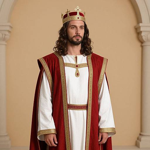 Photograph of a bearded man with long black hair, wearing a red and gold royal robe, white tunic, and gold crown, standing in