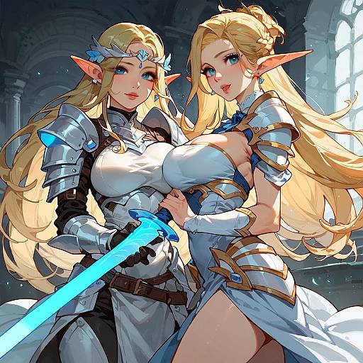 Digital anime-style artwork of two blonde elf women with large breasts, blue eyes, and pointed ears. One in armor holds a glowing blue sword, the