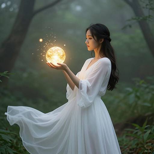 Photograph-style digital artwork of a young woman with long dark hair in a flowing white dress, holding a glowing, sparkly orb in a misty