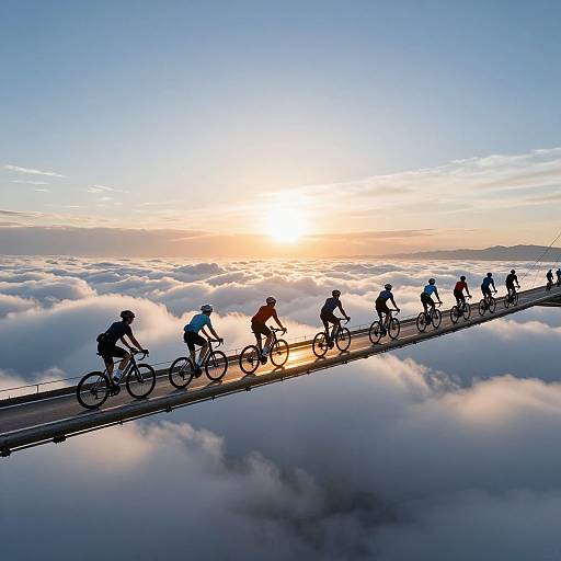 Photograph of cyclists riding on a high bridge above a sea of clouds during a stunning sunrise, with silhouetted figures against a bright, colorful