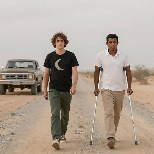 Two Men Walking on Desert Road