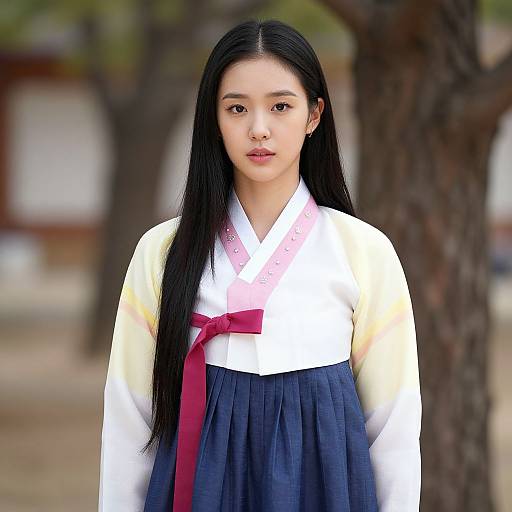 Photograph of an Asian woman with long black hair, wearing a traditional Korean hanbok with a white top, yellow sleeves, red ribbon, and