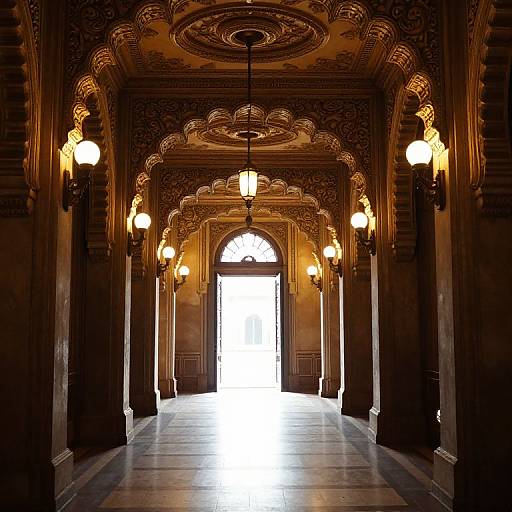 Ornate Corridor Leading to Sunlit Doorway