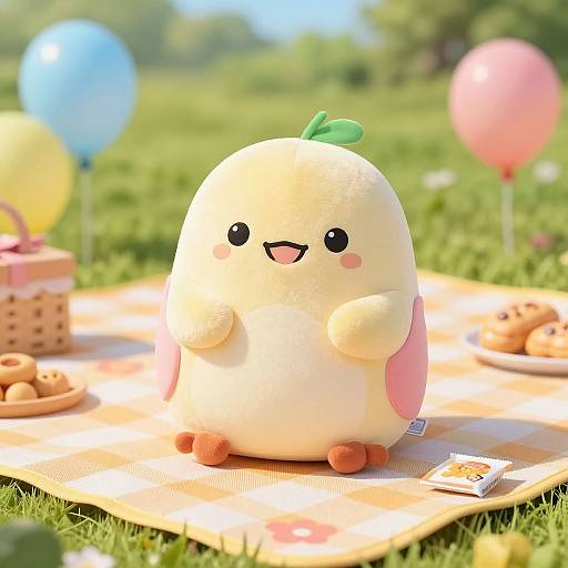Cute, chubby, white, cartoon bird-like creature with pink wings and green leaf on head, on picnic blanket with balloons and snacks.