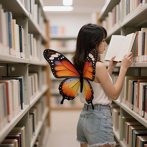 Photograph of an Asian woman with black hair, wearing a white tank top and denim shorts, reading a book in a library aisle, with vibrant orange