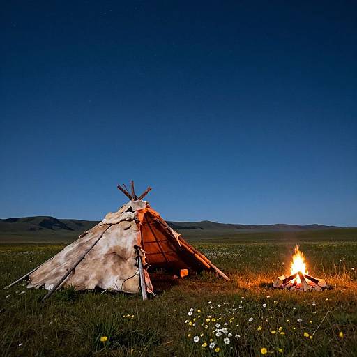 Photograph of a rustic, weathered Native American teepee with a small campfire to the right, set against a clear blue sky and grassy