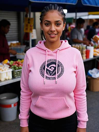 Photograph of a smiling South Asian woman with dark hair in braids, wearing a pink hoodie with a black circular logo, standing at a bustling outdoor
