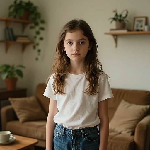 Photograph of a young girl with long brown hair, wearing a white t-shirt and blue jeans, standing in a cozy living room with potted plants
