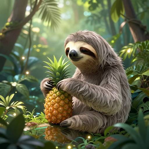Digital art of a fuzzy, smiling sloth holding a pineapple in a lush, sunlit jungle with glowing fairy lights.