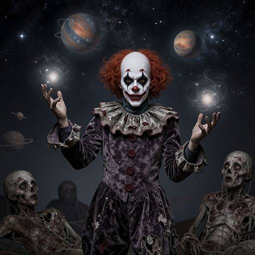 Digital artwork: Creepy clown with white face paint, red hair, and tattered black dress, floating planets, and glowing orbs, surrounded by skeletal