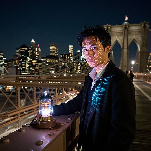 Photograph of a man with a glowing, patterned face, standing on a bridge at night, illuminated by a lantern, with city lights and the