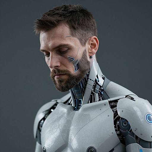 Photograph of a bearded man with short brown hair, cybernetic enhancements on his neck and shoulders, in a white mechanical suit, looking down