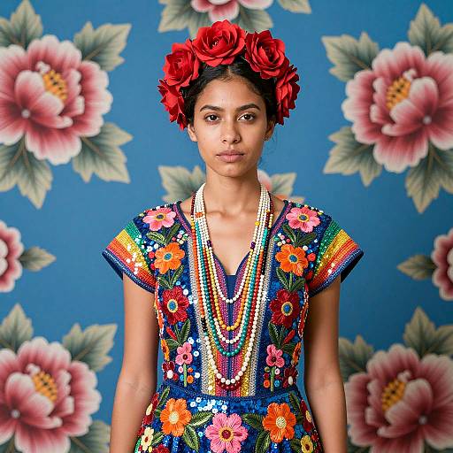 Vibrant Woman in Floral Headdress Portrait