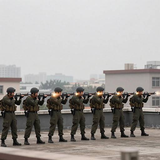 Armed Soldiers Firing from Urban Rooftop
