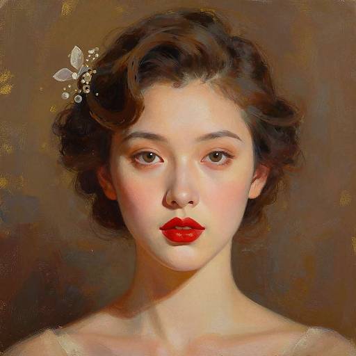 Digital painting of a fair-skinned, brown-eyed woman with red lips, short wavy brown hair, and a floral hair accessory, set against a