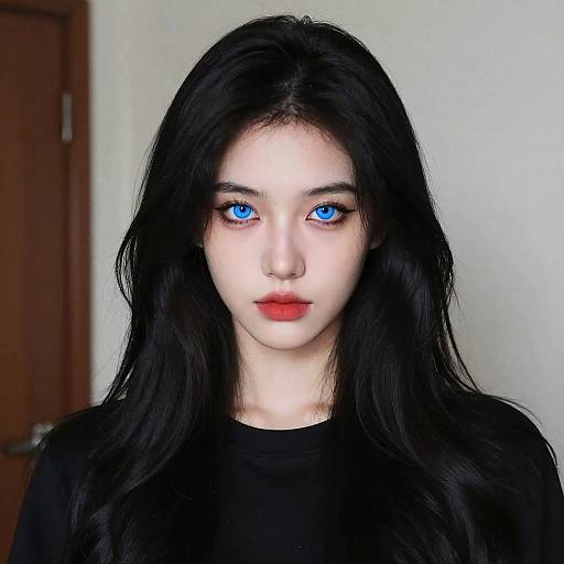 Photograph of an Asian woman with long black hair, striking blue eyes, red lipstick, and pale skin, wearing a black shirt, against a plain
