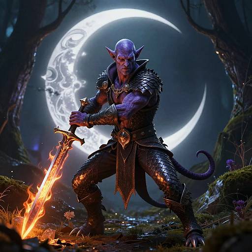 Fantasy digital artwork of a muscular, blue-skinned, demon-like warrior with pointed ears and a tail, wielding a flaming sword under a glowing cres