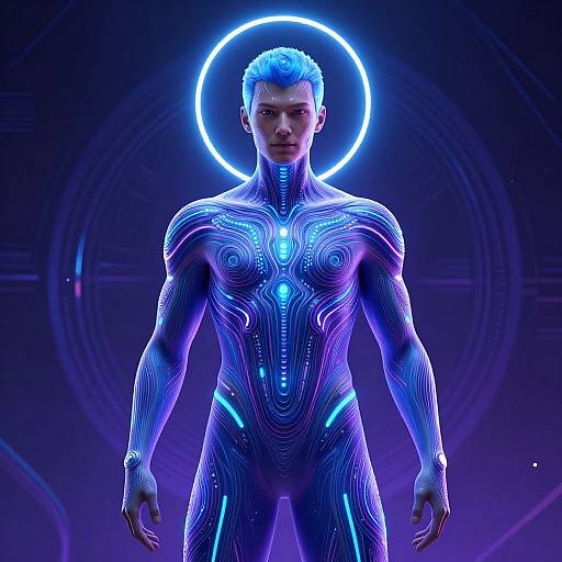 Digital CGI image of a muscular, blue-lit, futuristic male figure with glowing circuit patterns, standing against a dark, neon circle background.