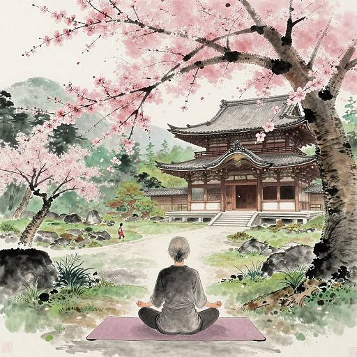 Anime-style drawing of a person meditating under cherry blossoms, facing a traditional Japanese temple with a serene garden.