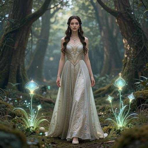 Photorealistic digital art of a fair-skinned, dark-haired woman in an elegant, gold-embellished, white gown, standing in a